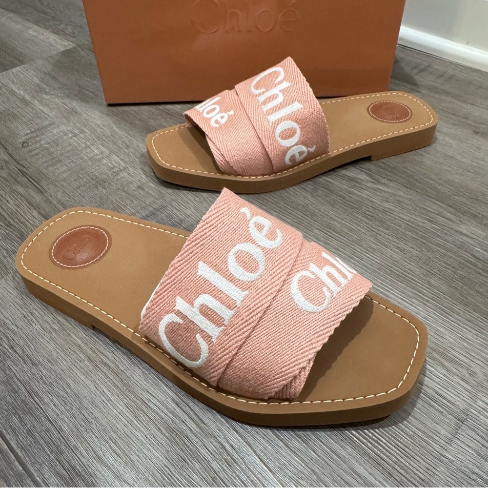 Chloe Woody Logo Sandal Slides in Light Rosewood - Picture 7 of 16
